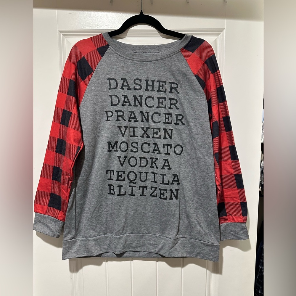 Gray and Red Plaid Sleeve Sweatshirt Christmas Funny Reindeer Alcohol Names